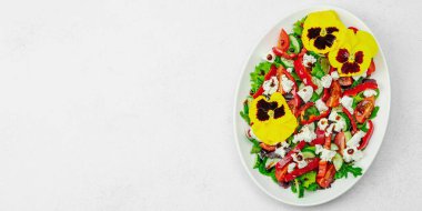 Domatesli taze vegan salatası, roka, keçi peyniri, zeytin ve beyaz tabakta yenilebilir çiçekler. Çevre dostu ve estetik titreşimli sağlıklı yemek konsepti. Beyaz arkaplan, pankart biçimi