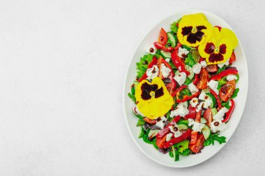 Domatesli taze vegan salatası, roka, keçi peyniri, zeytin ve beyaz tabakta yenilebilir çiçekler. Çevre dostu ve estetik titreşimli sağlıklı yemek konsepti. Beyaz arkaplan, üst görünüm