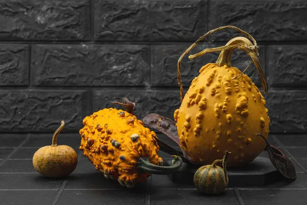 Dokulu derili organik süs balkabakları ve koyu arkaplanda dilimler. Doğal sebze konsepti, çiftlikten sofraya ve ekolojik gıda eğilimi, siyah arkaplan, kopyalama alanı