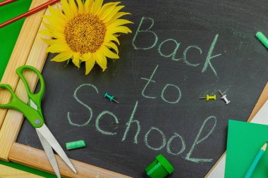 Çevre dostu daire okul malzemeleri, ayçiçeği ve mesajlarla doluydu. Sıfır atık yaşam tarzı ve bilinçli eğitim teması, okul konseptine geri dönüş, üst görünüm