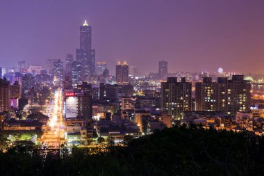 Shoushan Aşıkları 'nın Tayvan, Kaohsiung' daki Manzara Platformu 'ndan gece şehir manzarasına bakıyor..
