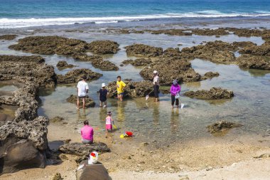 Kenting Ulusal Parkı, Pingtung, Tayvan 'da Wanlitong kıyıları boyunca gelgit bölgesinde oynayan turistler.