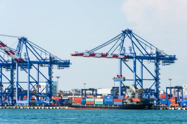 Konteyner gemisi yükleme için Tayvan 'ın Kaohsiung limanına yanaştı..