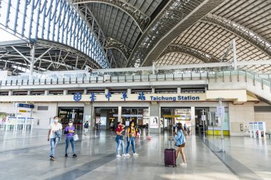 Taichung, Taiwan- October 6, 2021: Modern building view of the Taichung railway station in Taiwan. The Taiwan Railways Administration serves it. clipart