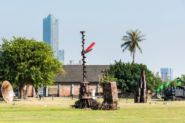 Kaohsiung, Taiwan- October 29, 2021: Beautiful view of the Hamasen Railway Cultural Park in Kaohsiung, Taiwan, Many installation arts and retired steam trains are displayed here. clipart