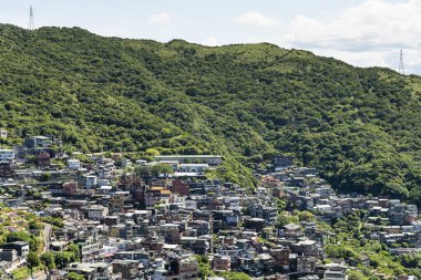 Jiufen Dağı 'ndaki eski binaların manzarası, Yeni Taipei Şehri, Tayvan.