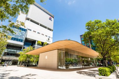 Taipei, Taiwan- September 22, 2022: Building view of Apple Store in Taipei Xinyi District, Taiwan. One of the most luxurious shopping centers in Xinyi District near Taipei City Hall. clipart