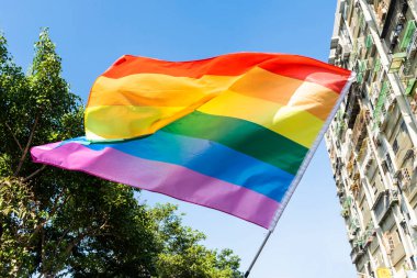 Tayvan 'daki 2022 Kaohsiung Onur Yürüyüşü' nde altı bantlı gökkuşağı bayrağının yakın çekimi..