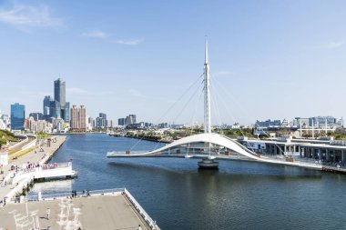 Kaohsiung, Tayvan - 23 Mart 2023: Kaohsiung, Tayvan limanındaki Dagang Köprüsü (Büyük Liman Köprüsü) dönüşümlü süreci.