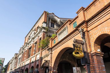 New Taipei City, Taiwan- May 27, 2023: Building view of the Sanxia Old Street building in New Taipei City, Taiwan. The street is the baroque-style architecture built during Japanese rule.