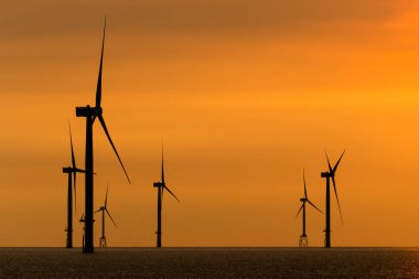 Tayvan 'ın batı kıyısındaki Offshore rüzgar güç sistemlerinin gün batımı görüntüsü.