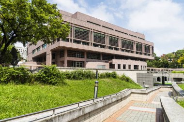 Tainan, Taiwan- September 20, 2023: Low-angle view of the library building at National Cheng Kung University (NCKU), Tainan, Taiwan. It is a famous university in southern Taiwan.