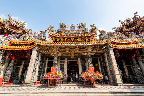The building view of Dajia Jenn Lann Temple in Taichung, Taiwan, is worshiped to the sea goddess Mazu.