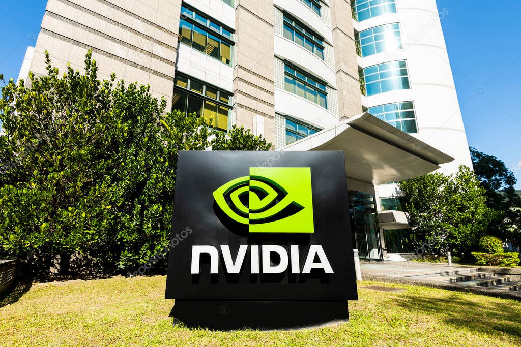 Taipei, Taiwan- November 23, 2023: Close-up of the Nvidia Corporation logo in Neihu Technology Park, Taipei, Taiwan. It is an American multinational technology company.