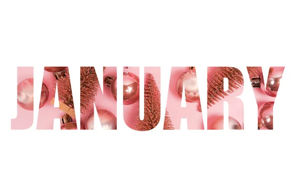 Слово Январь Изолированы Белом Буквы Розовом Фоне Украшениями — стоковое фото