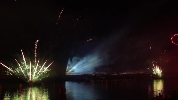 Bela Exibição Brilhante Fogos Artifício Coloridos Fundo Cidade Noite Festival — Vídeo de Stock
