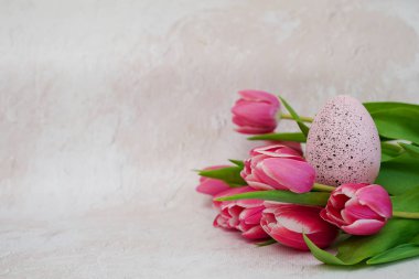 Pink tulips flowers and easter egg on light gray concrete backgrond. Easter greeting card