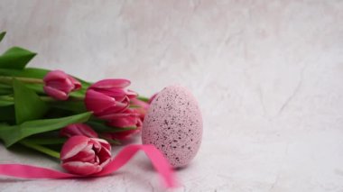 Easter egg with ribbon and pink tulips on light concrete background