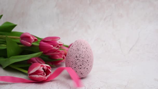 Easter Egg Ribbon Pink Tulips Light Concrete Background — Stock Video