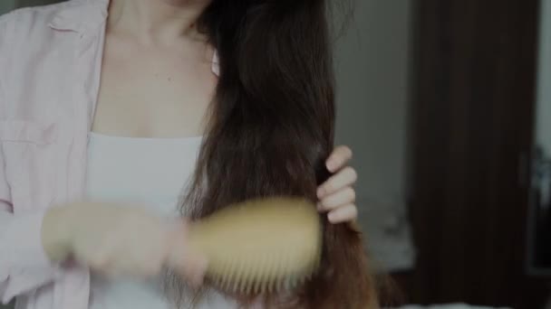Женщина Расчесывает Длинные Коричневые Седые Волосы Деревянной Щеткой Концепция Здоровья — стоковое видео