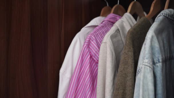 Γυναίκα Κρεμάει Ρούχα Στην Ντουλάπα Σπίτι Ένδυση Ενδυμάτων Μόδα Τάση — Αρχείο Βίντεο