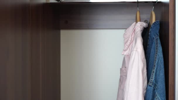 Donna Donna Appesa Vestiti Nell Armadio Casa Abbigliamento Guardaroba Moda — Video Stock