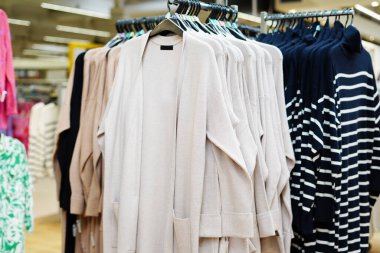 Stylish clothes on hangers in the store