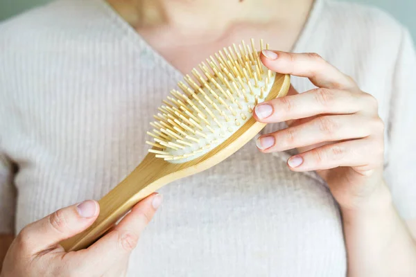 Wooden Hairbrush Female Hands Natural Beauty Products Hair Care — Stock Photo, Image