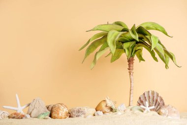 Deniz yıldızları ve kum üzerinde palmiyeleri olan tropik plaj, yaz tatili arka planı. Seyahat ve sahil tatili, yazı için boş alan, kozmetik ürünleri için yer