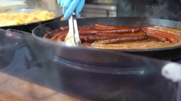 Close Sausages Cooking Flat Grill Outdoors — Stock Video