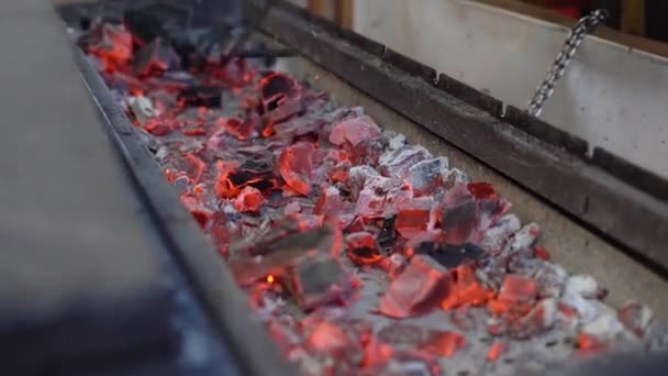 Сжигание Красного Органического Угля Гриле Открытом Воздухе — стоковое видео