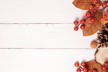 Çam kozalakları, portakal yaprakları ve kırmızı dutlarla dolu şenlikli bir sonbahar düzenlemesi beyaz ahşap bir zemin üzerinde uzanıyor. Fotokopi alanı olan sonbahar çerçevesi.