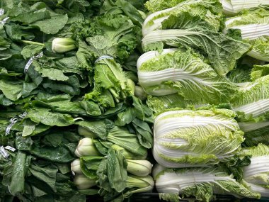 Taze yapraklı yeşil sebzeler, içinde bok choy ve Napa lahanası, güzelce düzenlenmiş.