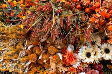 Kurumuş çiçekler, yapraklar ve minyatür balkabakları içeren sonbahar süslemeleri.