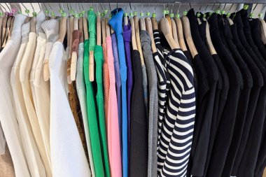 Bir elbise askılığı düzenli bir süveter ve üstleri renk eğiminde gösterir