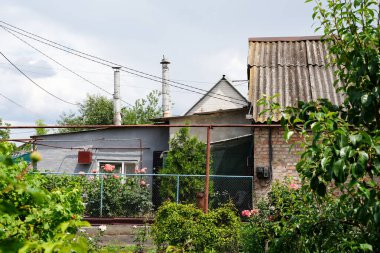 Teneke çatısı ve tuğla duvarları olan kırsal bir kır evi gül çalılarıyla dolu yemyeşil bir bahçenin arkasında duruyor.