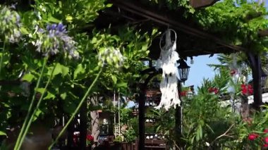 Beyaz düş kapanları ve fenerlerle süslenmiş yemyeşil bir bahçe pergola.