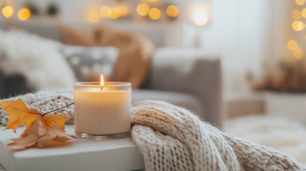 уютная сцена с зажженной свечой, вязаным одеялом и осенними листьями, помещенными на белую поверхность, с теплыми светящимися огнями на заднем плане. AI Generated