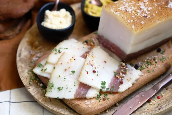 Salted lard with spices. Ukrainian national product. Salo.