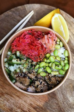 Chinese poke bowl with shiitake mushrooms and pickled ginger.