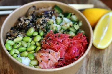 Chinese poke bowl with shiitake mushrooms and pickled ginger.