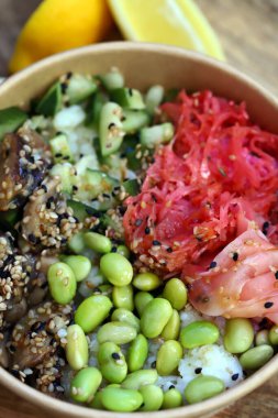 Chinese poke bowl with shiitake mushrooms and pickled ginger.