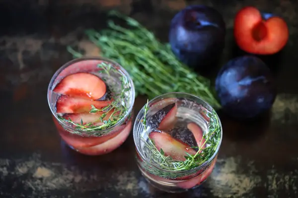 Detox Drink Mineral Water Plums Thyme Stok Foto