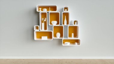 Beyaz vazolarla beyaz duvar rafı ve ahşap zemin üzerinde beyaz nesneler -- 3D görüntüleme