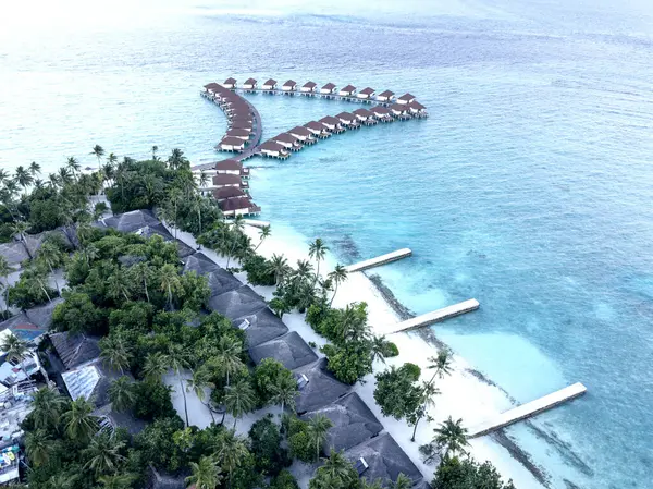 Aerial View Drone Bungalows Water Tourist Village Maldives — Stock Photo, Image