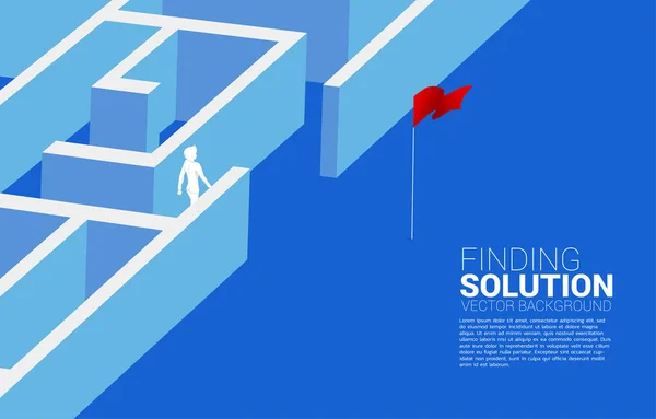 ビジネスマンのシルエットは迷路から赤い旗への道を見つける 解決策を見つけ目標を達成するためのビジネスコンセプト — ストックベクタ