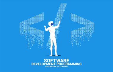 Siluetçi adam VR yazılım geliştirme programlama etiketi takıyor. Dijital sanal gerçeklik teknolojisi ve AR kavramı .