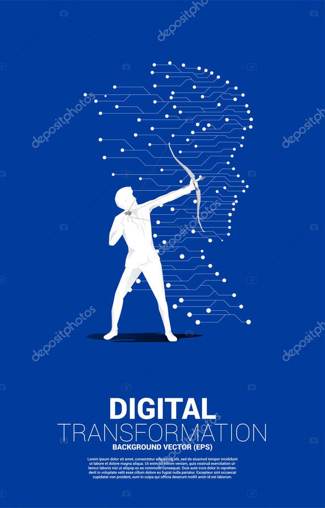 Businessman in suit shoot the arrow with man head from dot connect line circuit board style . Concept background human future and technology
