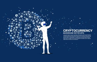 Silhouette man wear VR glasses with bitcoin icon from Polygon dot connect line. Concept for cryptocurrency technology and financial network connection.