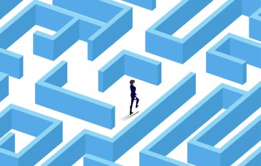 Labirentin ortasında yürüyen bir iş adamı silueti. Sorun çözme ve çözüm stratejisi için iş kavramı